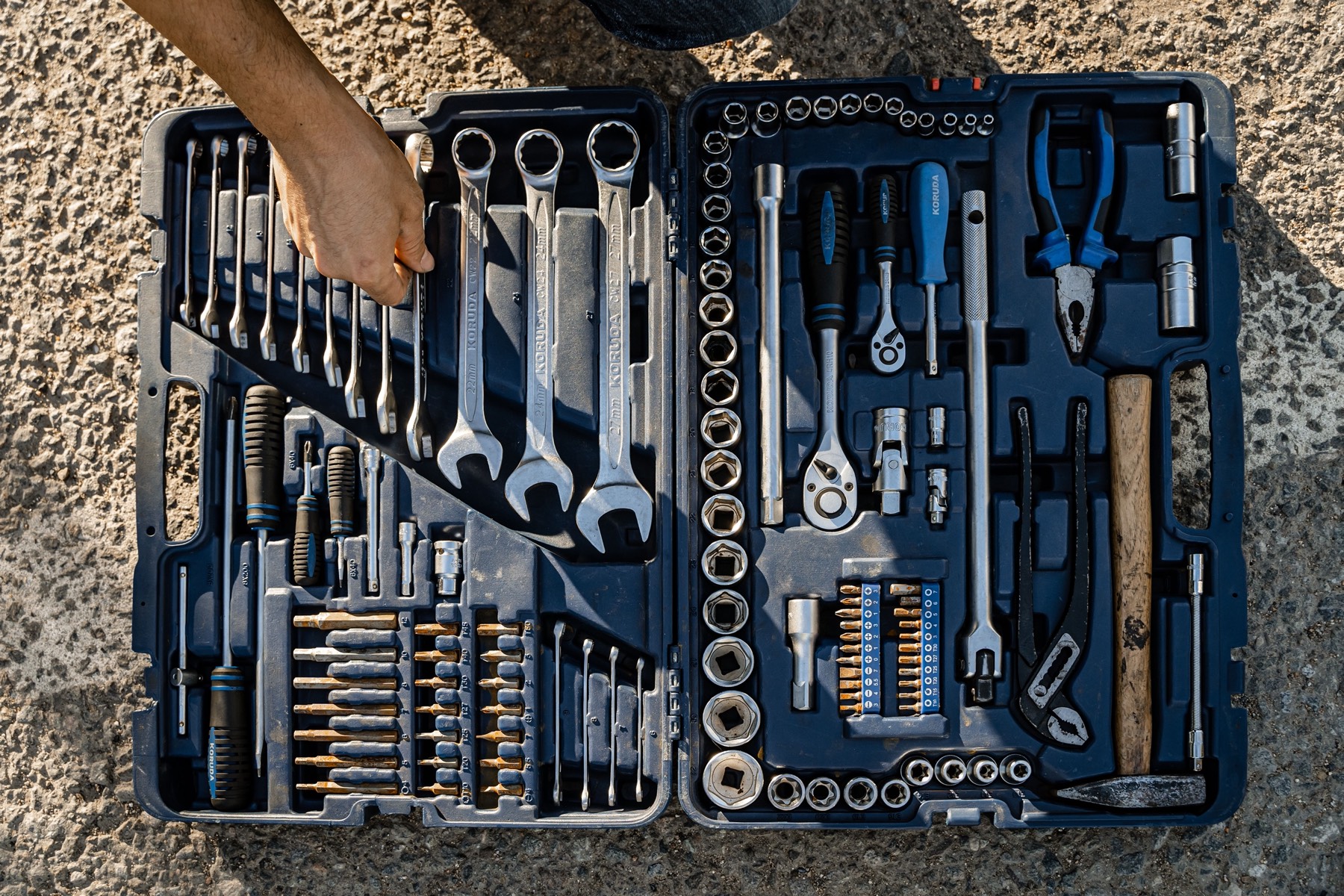 Socket and wrench set in a case